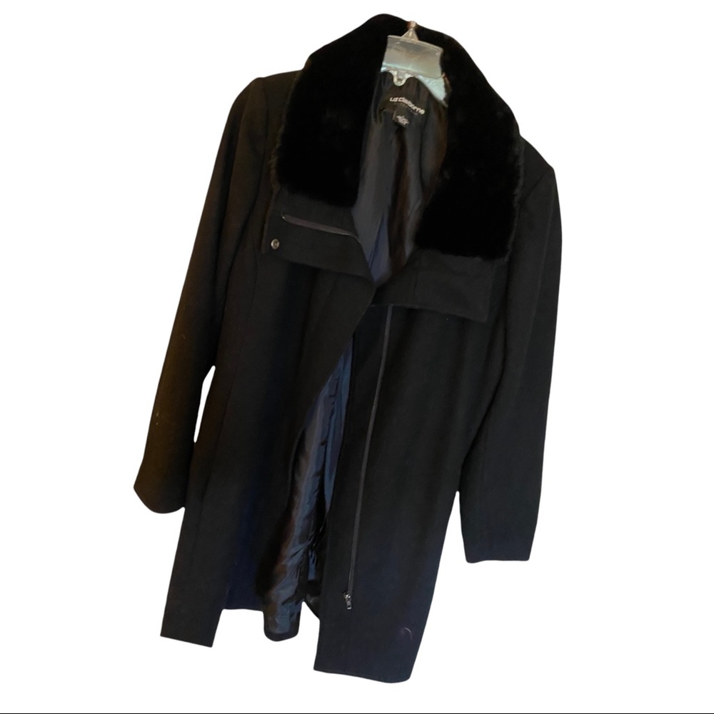 LIZ CLAIBORNE WOMEN’S WOOL BLEND LARGE BLACK COAT FAUX FUR COLLAR & FULL ZIPPER